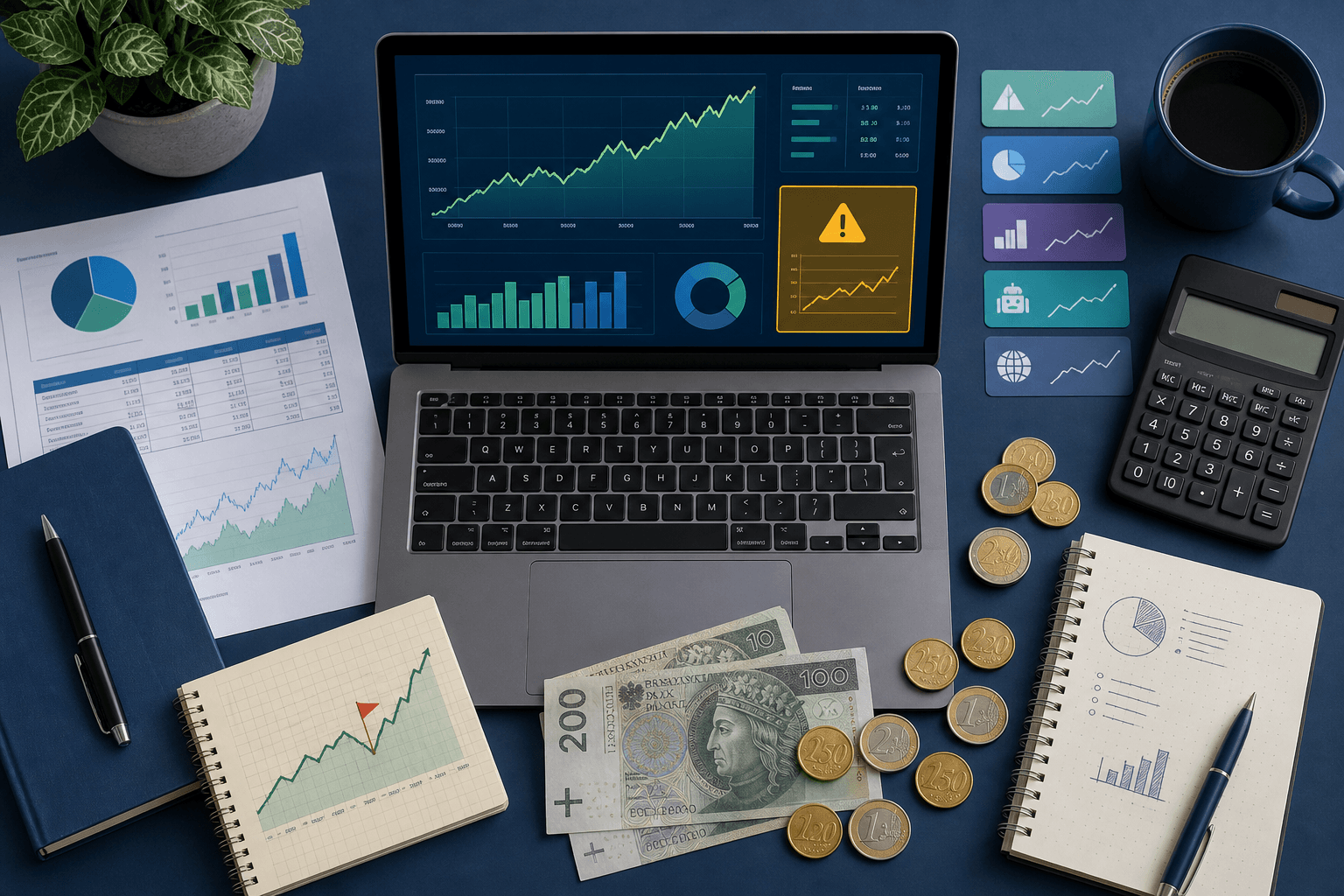 Laptop z wykresami finansowymi, banknoty i monety złotówkowe oraz euro, kalkulator i notatniki z wykresami na biurku