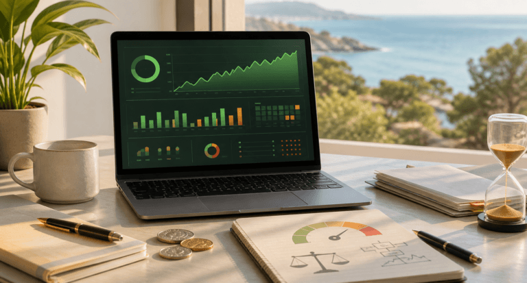 Laptop z panelem analitycznym, wykresami wzrostu i wskaźnikami finansowymi na biurku