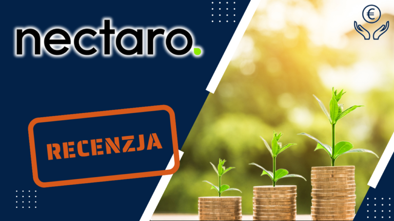 Recenzja Nectaro - logo firmy i rosnące stosy monet symbolizujące wzrost finansowy